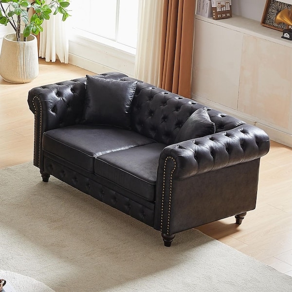 Loveseat Modern Chesterfield with Deep Black Tech Fabric and Tufting