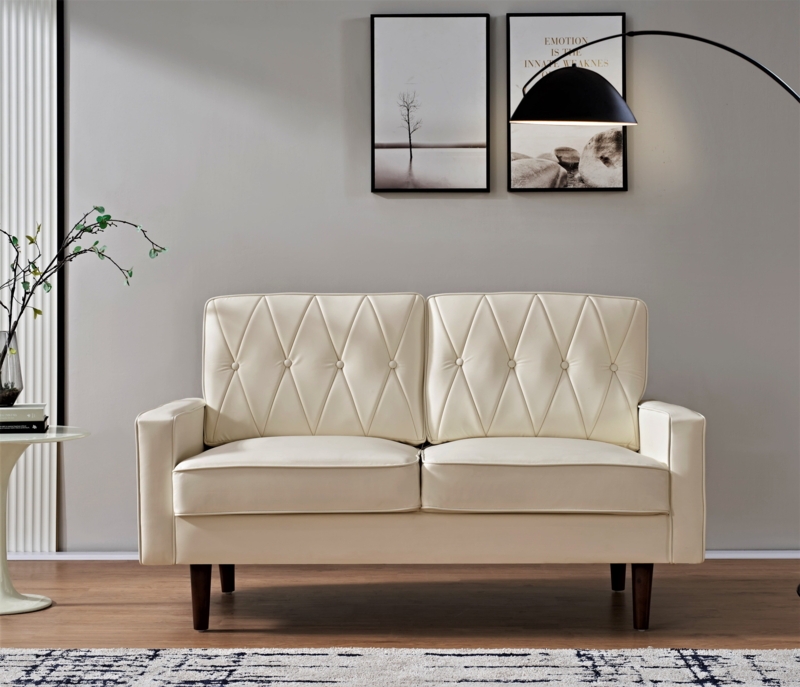 Loveseat Modern Faux Leather Polished Metal Legs Track Arms