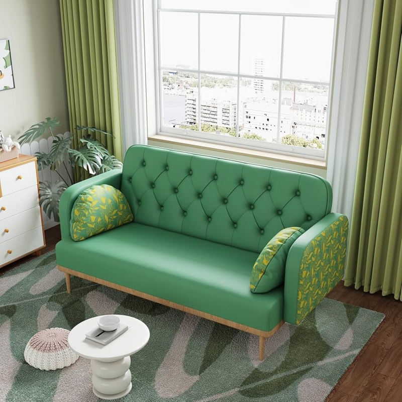 Loveseat Modern Sage Green Ribbed Back Gold Tipped Legs Mid-Century