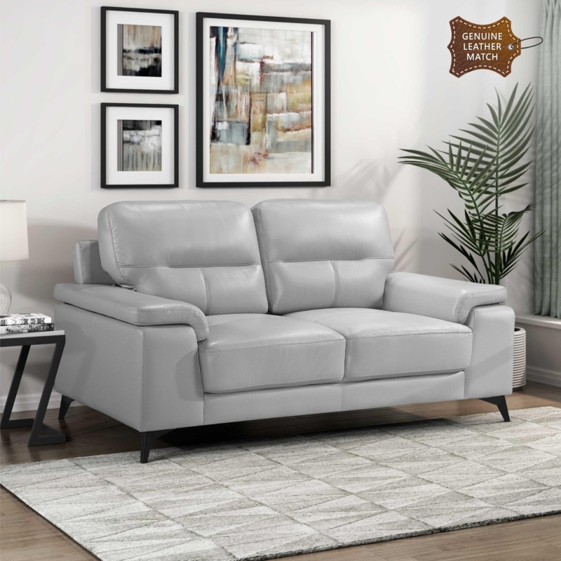 Loveseat Modern Silver Gray Leather Tapered Wood Legs
