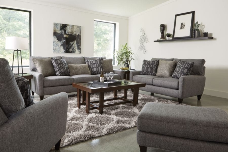 Loveseat Modern Track Arms Block Feet Geometric Pillows Grey