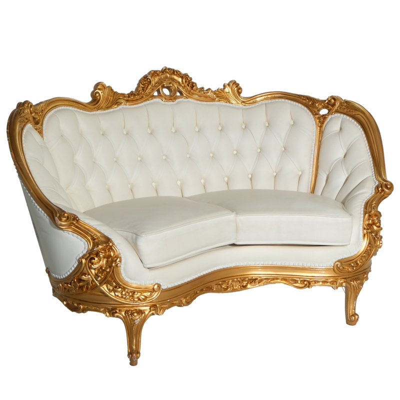 Loveseat Modern White Leather-Like Boxy Silhouette Gold Open Frame