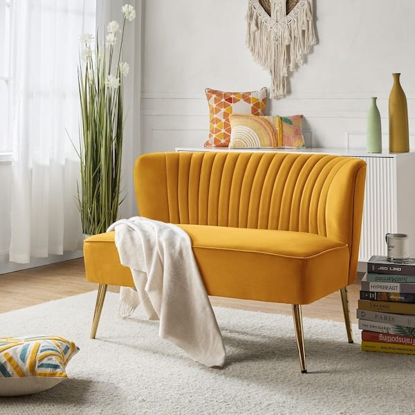 Loveseat Mustard Velvet Channel Tufted With Gold Base Glam Style