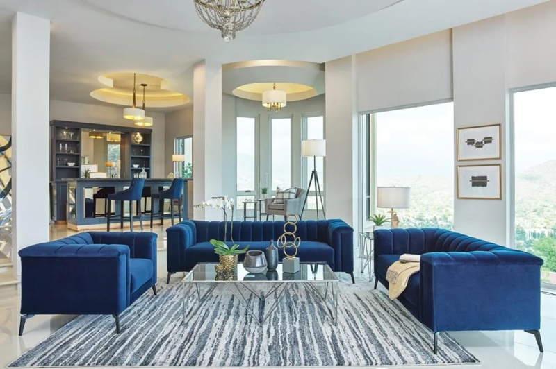 Loveseat Navy Blue Channel Tufted with Polished Chrome Legs