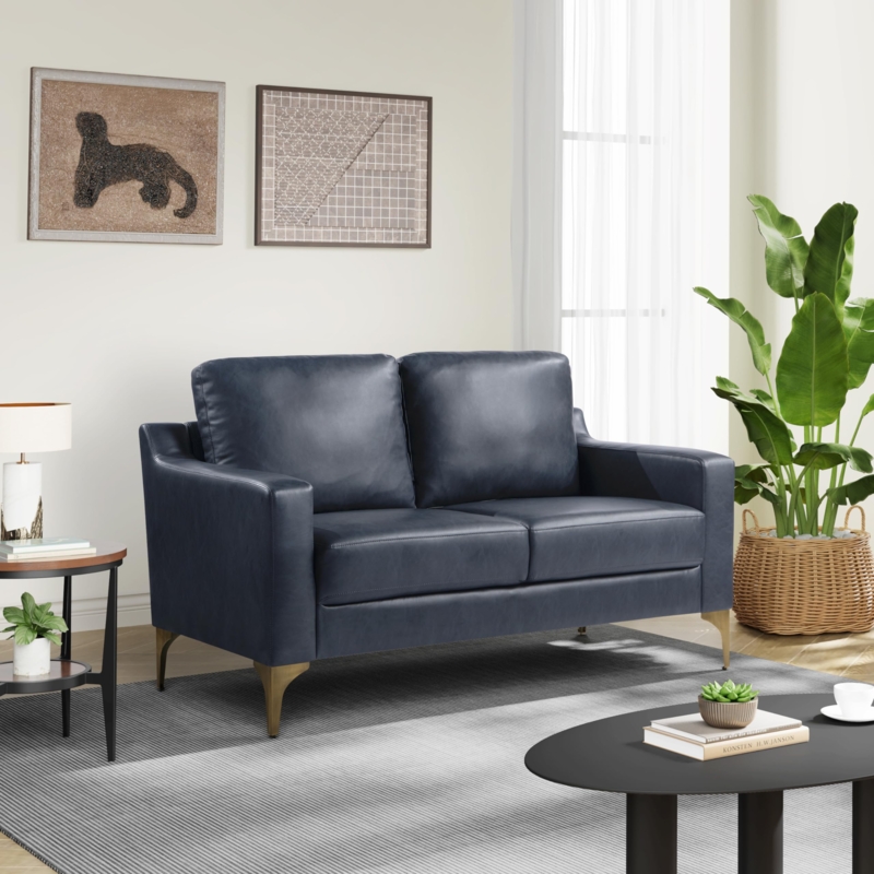 Loveseat Navy Blue Leather Like Silver Tapered Legs Compact Seating