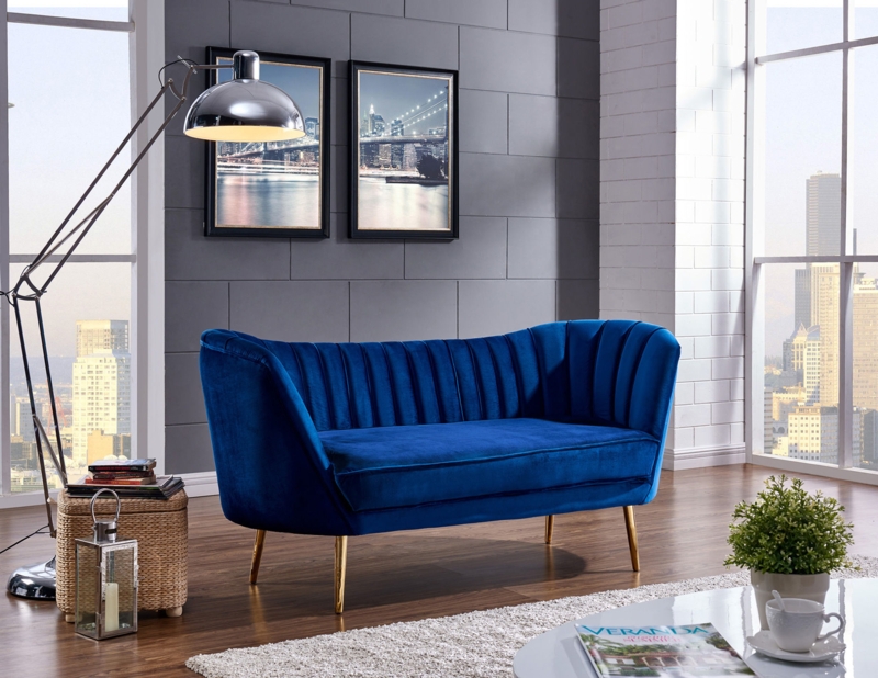Loveseat Navy Blue Velvet Barrel Back Channel Tufted Gold Legs Glam