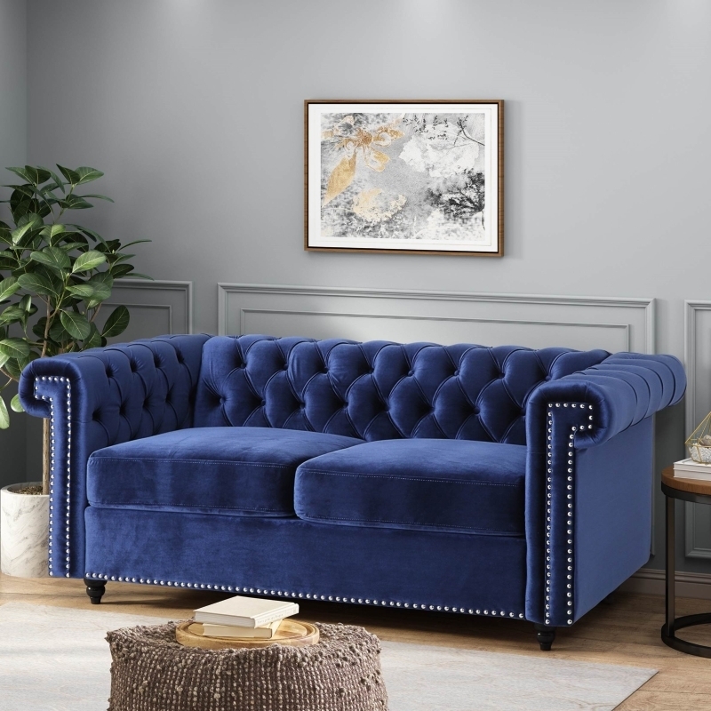 Loveseat Navy Blue Velvet Diamond Button Tufted Wingback Gold