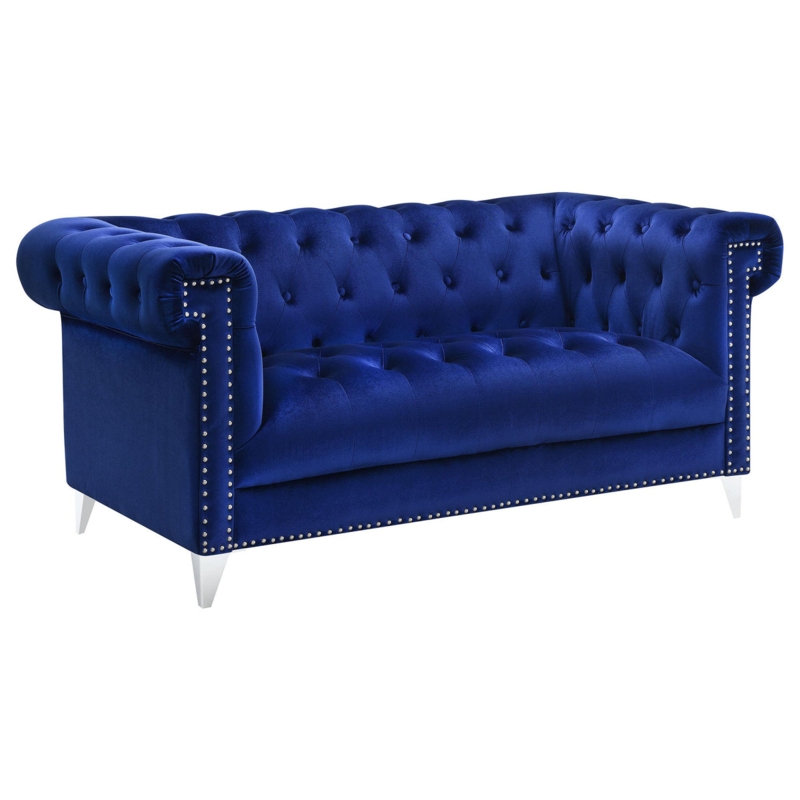 Loveseat Navy Blue Velvet Diamond Tufted with Silver Legs and Bench Seat