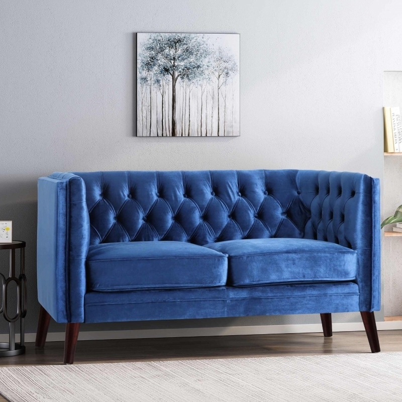 Loveseat Navy Blue Velvet Wingback Button Tufted Diamond Stitch