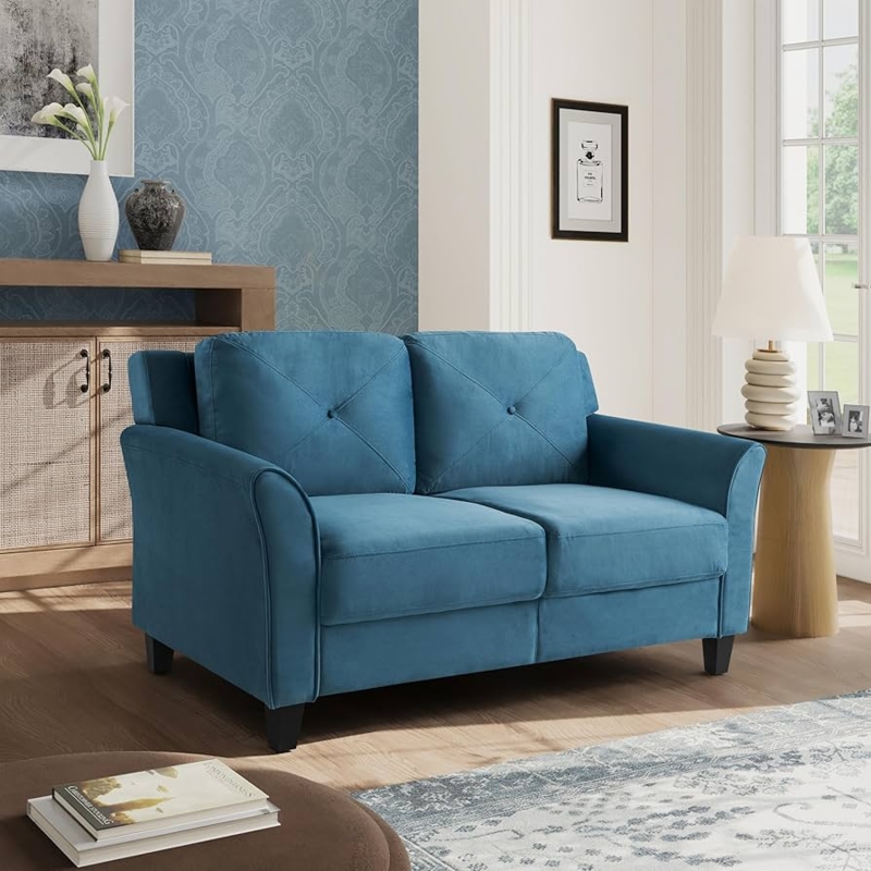 Loveseat Navy Blue Woven Texture Tapered Legs Compact Scale