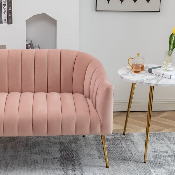 Loveseat Off-White Boucle Curved Back Vertical Channeling Gold