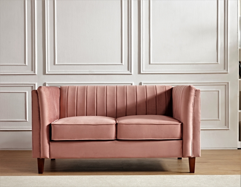 Loveseat Pink Velvet Grid Tufting Gold Legs Square Arms Apartment Sofa