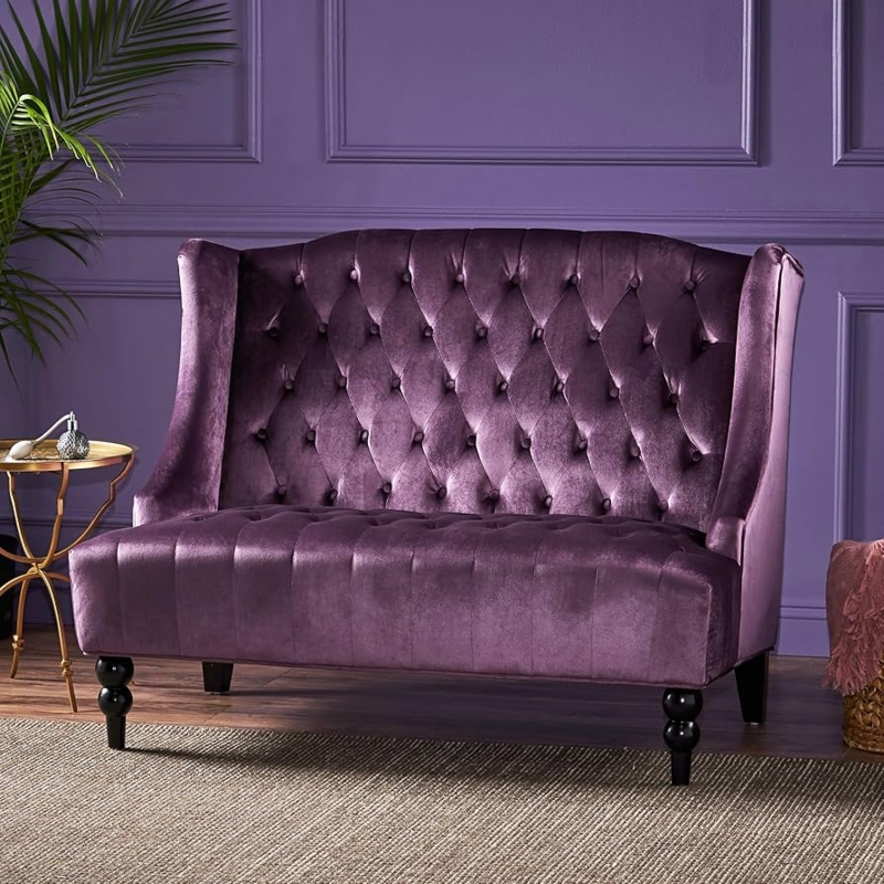 Loveseat, Raisin Velvet Tufted High Back, Victorian Style