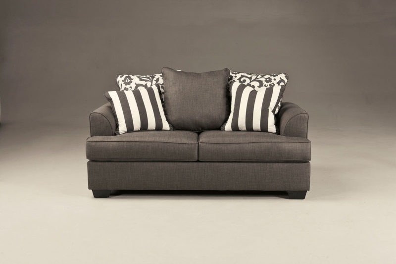 Loveseat Rolled Arms Patterned Pillows Block Feet Piped Edges