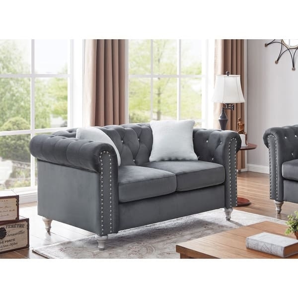 Loveseat Sage Green Diamond Tufting Barrel Back Velvet Mid-Century