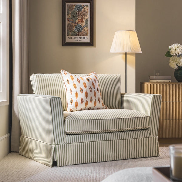 Loveseat Sage Green Striped Skirted Base Rolled Arms