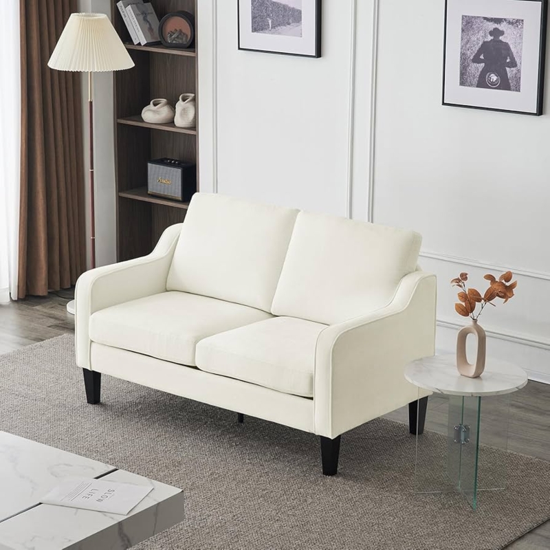 Loveseat Scooped Armrests, Mid-Century Modern Apartment Seating in Creamy White