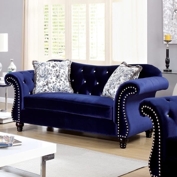 Loveseat Silver Nailhead Trim, Purple Velvet, Deep Button Tufting.