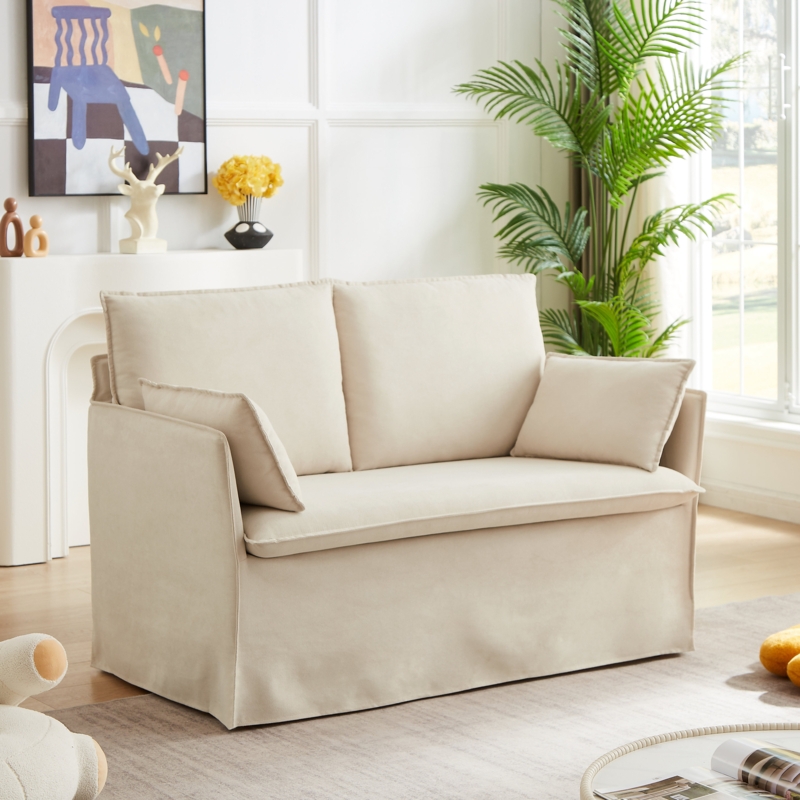 Loveseat Slipcover Skirt Beige Square Arms Apartment Friendly Design