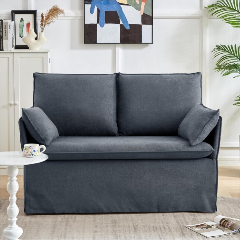 Loveseat Slipcovered Grey Single Cushion Coastal Transitional Style