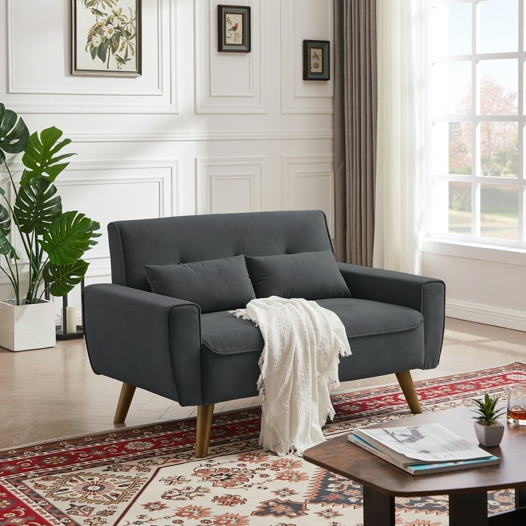 Loveseat Sofa Dark Grey Button Tufted Mid Century Apartment