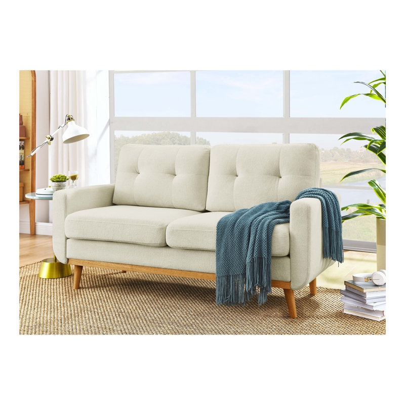 Loveseat Sofa with Cylindrical Bolsters, Cream Fabric, Flared Arms