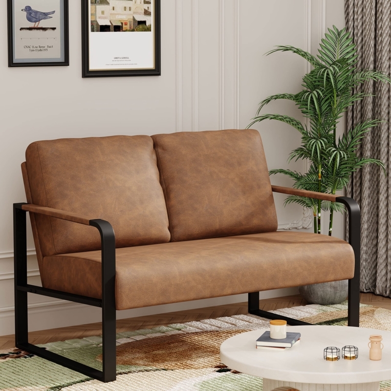 Loveseat Splayed Wooden Legs Tan Faux Leather Mid Century Modern