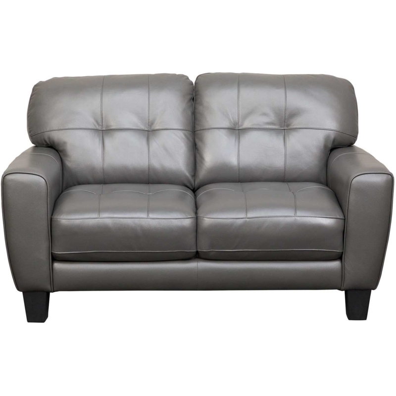 Loveseat, Square Arms and Block Feet, a Modern Gray Leather Loveseat