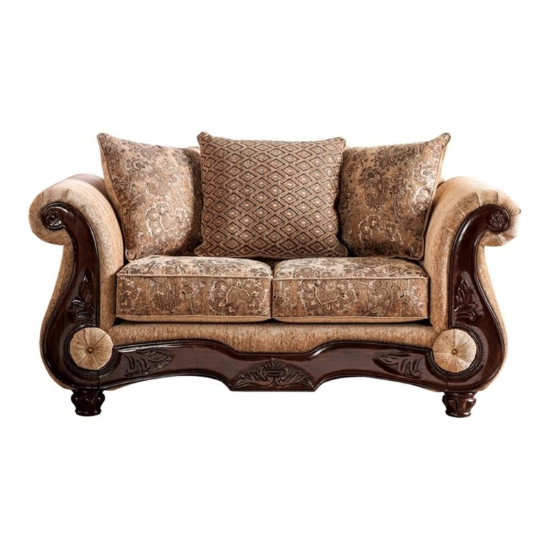 Loveseat Tan Chenille Upholstery Carved Wood Trim Rolled Arm Seating
