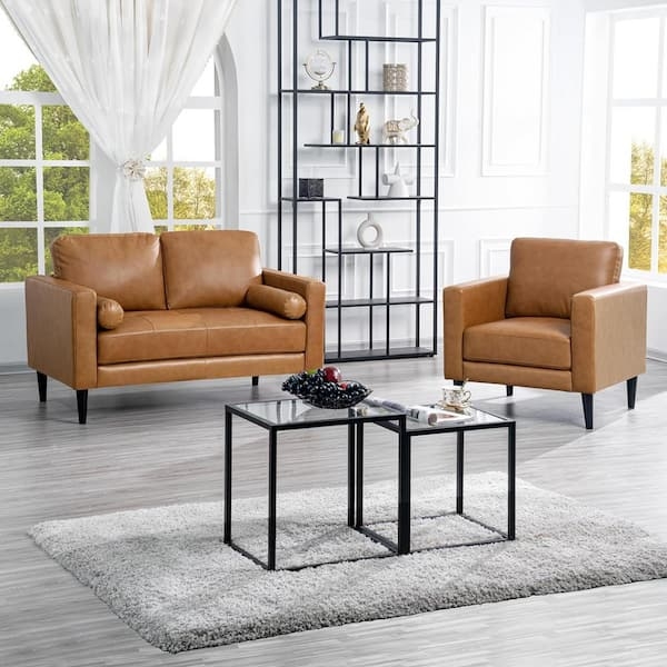 Loveseat Tan Leather-Like Square Arms Mid-Century Living Room Set (71 characters)