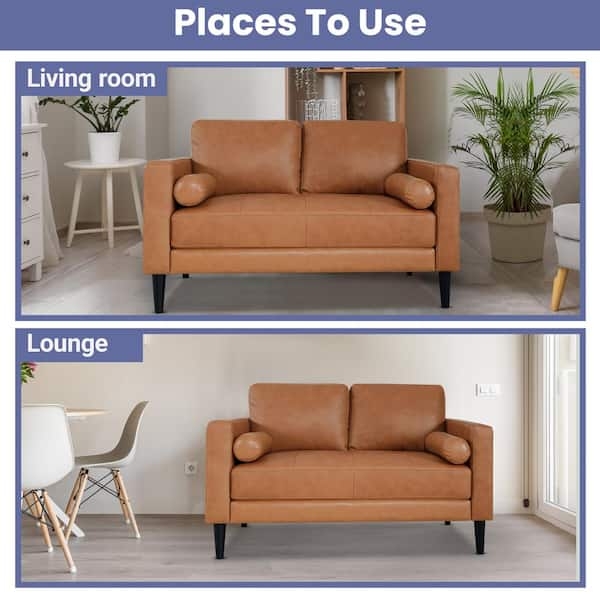Loveseat Tan Leather-Like Tapered Legs Minimalist Compact Seating (71 characters)
