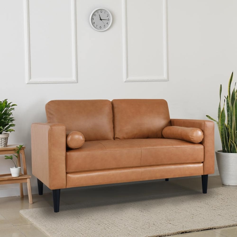 Loveseat Tan Leather-Like with Bolster Pillows Mid-Century (66 characters)