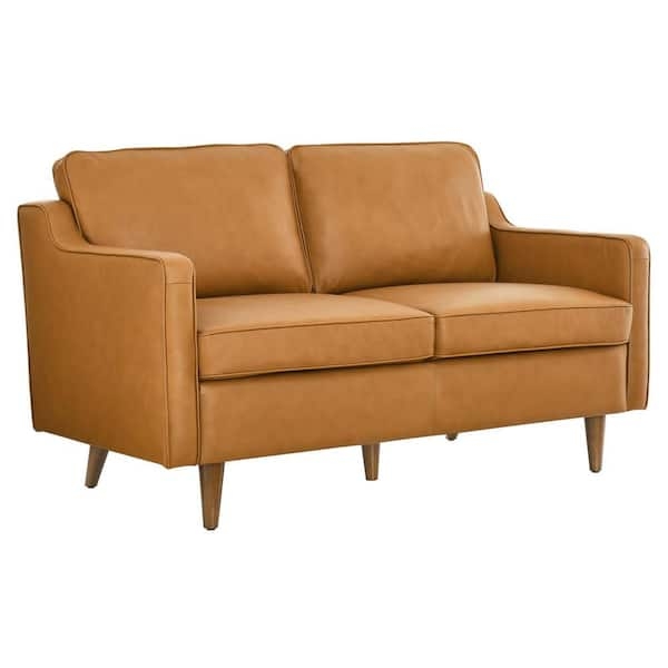 Loveseat Tan Leather with Bolster Pillows Tapered Legs Mid-Century