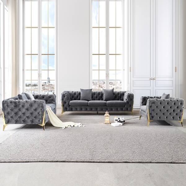 Loveseat Teal Velvet Button Tufted with Gold Tapered Metal Legs