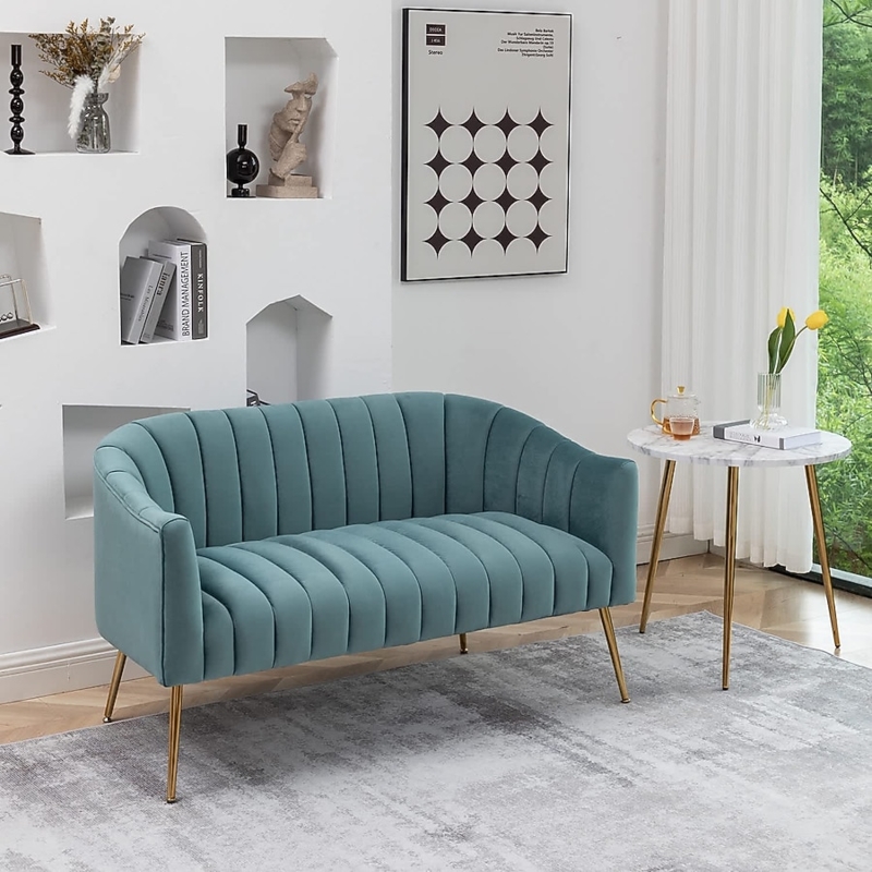 Loveseat Teal Velvet Channel Tufted Curved Crescent Gold Legs