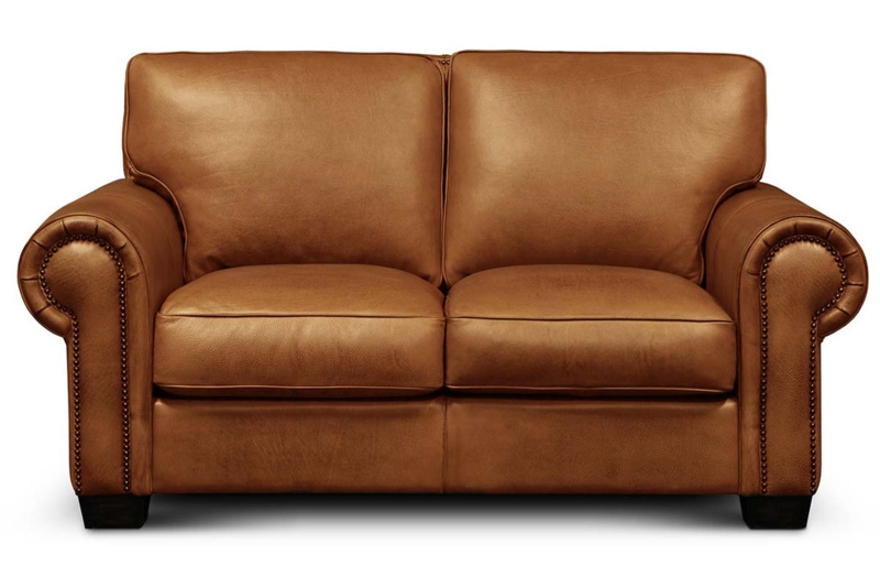 Loveseat Traditional Cognac Rolled Arms Nailhead Trim