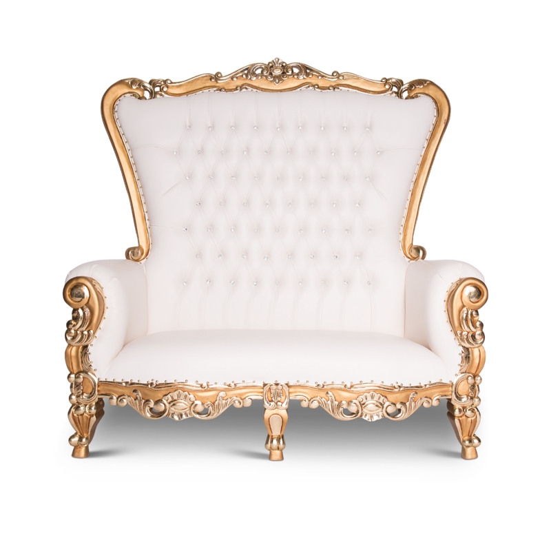 Loveseat White Crescent Curved Shape Channel Tufted Gold Trim