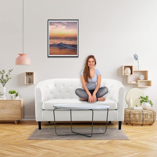 Loveseat White Faux Leather with Barrel Silhouette and Tapered Wood Legs