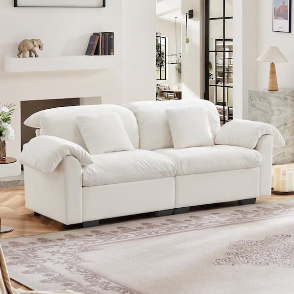 Loveseat White Velvet Vertical Channel Tufting Deep Seat