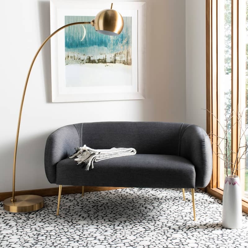 Loveseat with Bolster Pillows, Tapered Wood Legs, and Stone Grey Fabric
