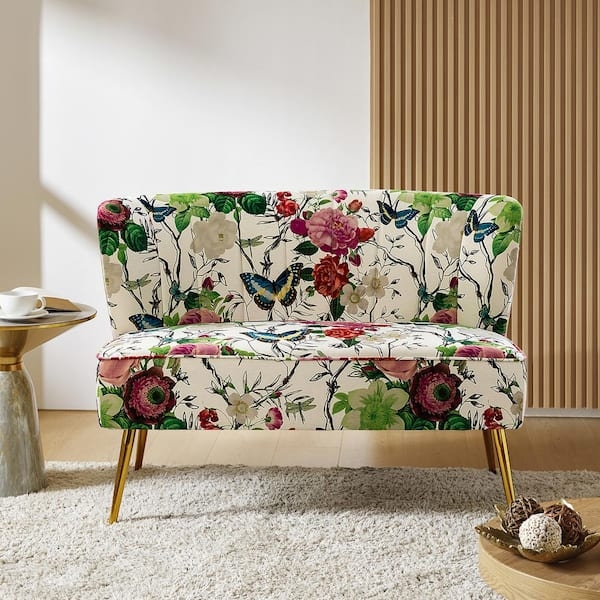 Loveseat with Channel Tufted Back in Ivory Floral Pattern Small Sofa
