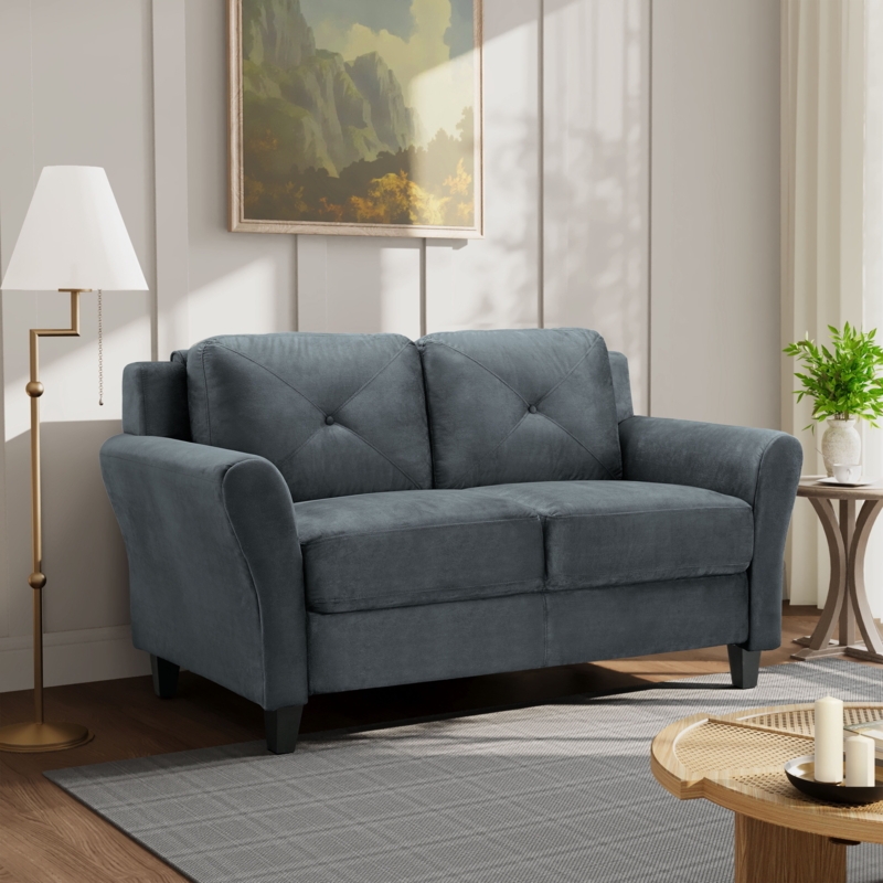 Loveseat with Charcoal Woven Fabric, Tapered Legs, and Split Back