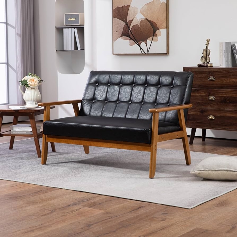 Loveseat with Cognac Leather-Like Finish and Curved Back Exposed Frame