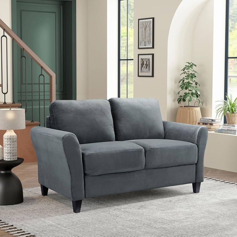 Loveseat with Flared Arms and Tapered Black Legs, a Compact Dark Gray Loveseat