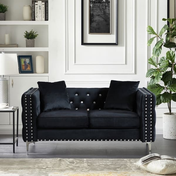 Loveseat with Jeweled Buttons and Diamond Tufting Blue Velvet Couch