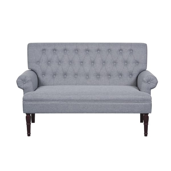 Loveseat with Light Gray Tufted Back, Round Arms, and Mid-Century Style
