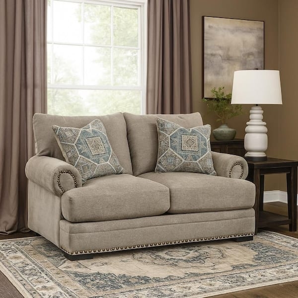 Loveseat with Nailhead Trim Rolled Arms and Taupe Gray Fabric