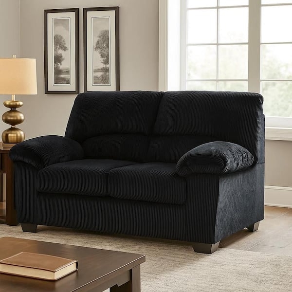 Loveseat with Ribbed Corduroy Texture in Black Upholstery