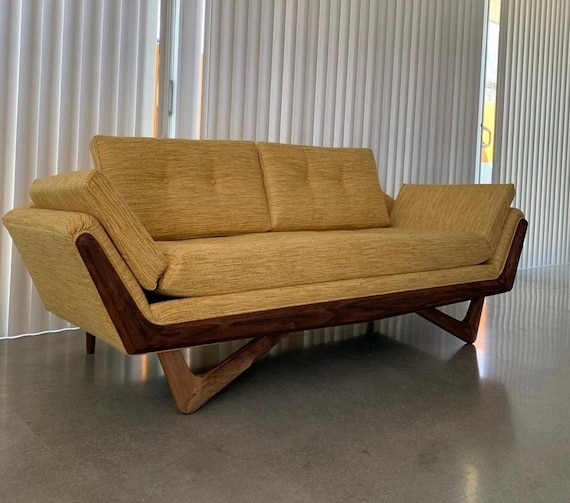 Loveseat with Sculptural Pearsall-Style Wood Base and Aqua Upholstery