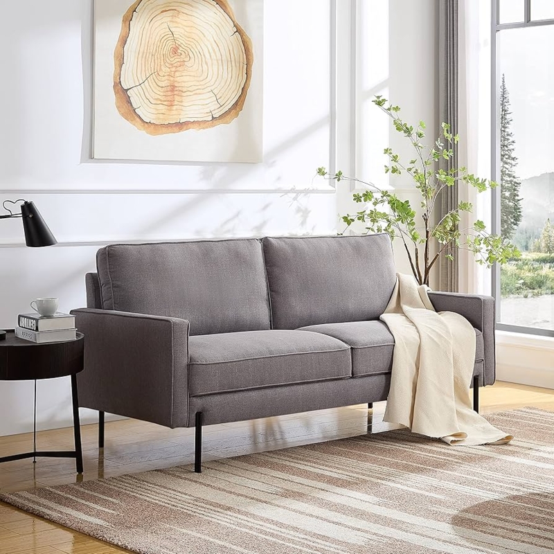 Loveseat with Square Arms and Tapered Legs, a Minimalist Light Gray Loveseat